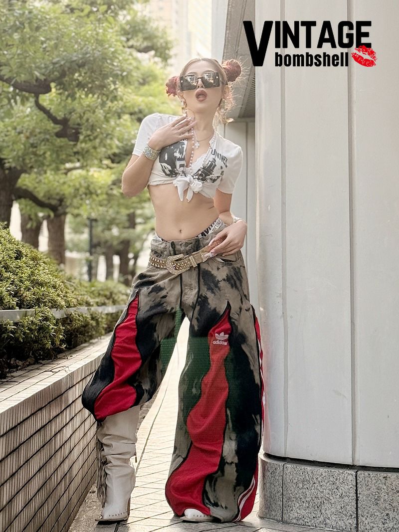 ブリーチデニム×adidasレッドジャージ4ジッパー再構築ワイドパンツ【Bbヴィンテージ】