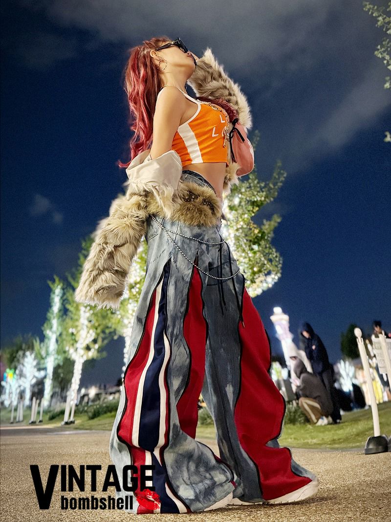 ブリーチデニム×adidas赤・ネイビー異素材ドッキング再構築バギーパンツ【Bbヴィンテージ】