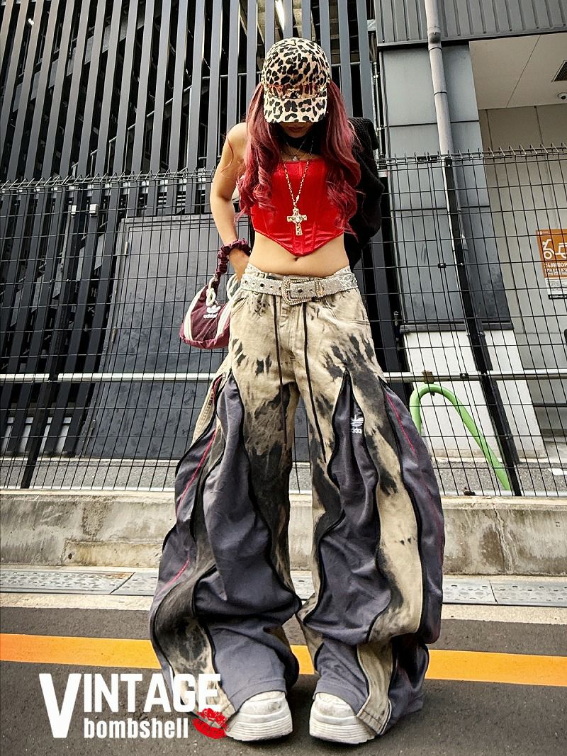 タイダイ染め×adidasグレー赤ライン4ジッパー再構築バギーパンツ【Bbヴィンテージ】