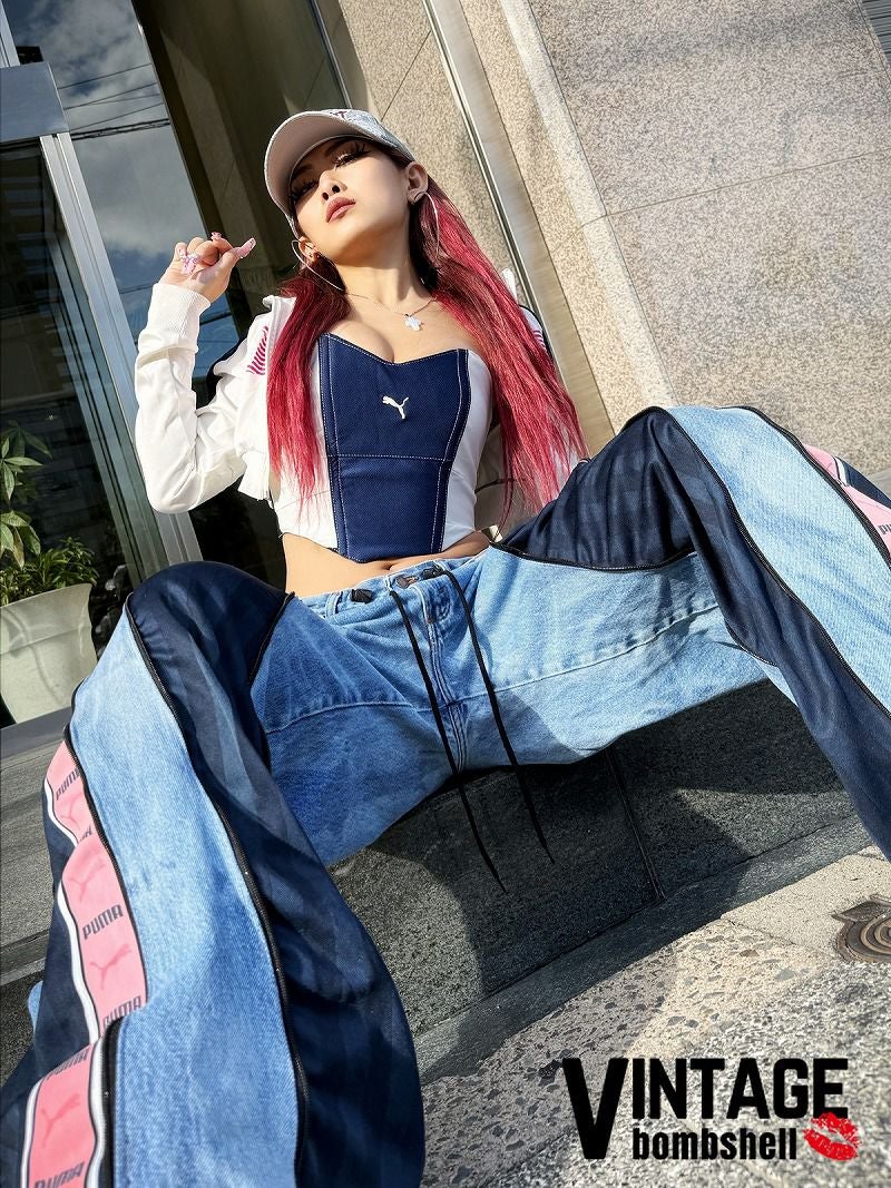 PUMAピンクライン×再構築4ジッパーリメイクワイドデニム【Bbヴィンテージ】