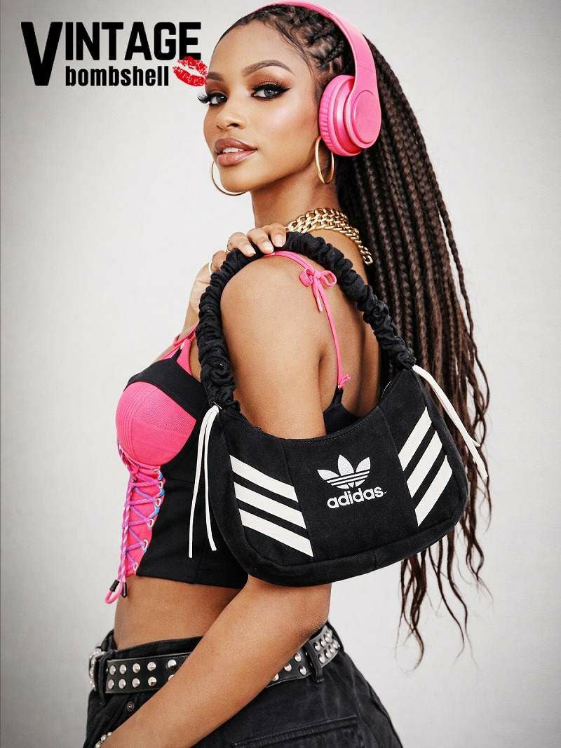 adidas3本ライン×ブラックデニム再構築2WAYギャザーリメイクバッグ【Bbヴィンテージ】