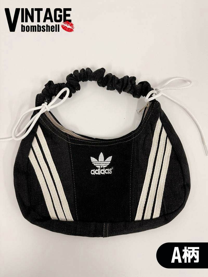 adidas3本ライン×ブラックデニム再構築2WAYギャザーリメイクバッグ【Bb