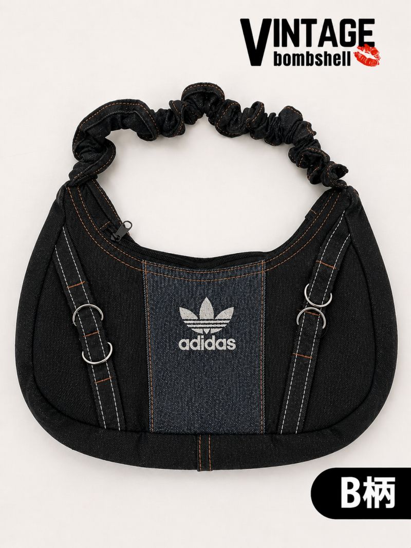 adidasロゴ×再構築デニム2WAYギャザーリメイクバッグ【Bbヴィンテージ
