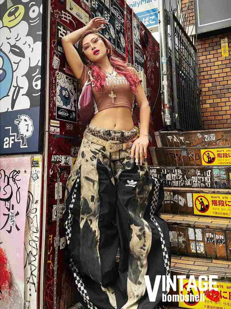 アディダス×合わせやすいタイダイ柄×黒チェッカー4ジッパー再構築ワイドバギー【Bbヴィンテージ】