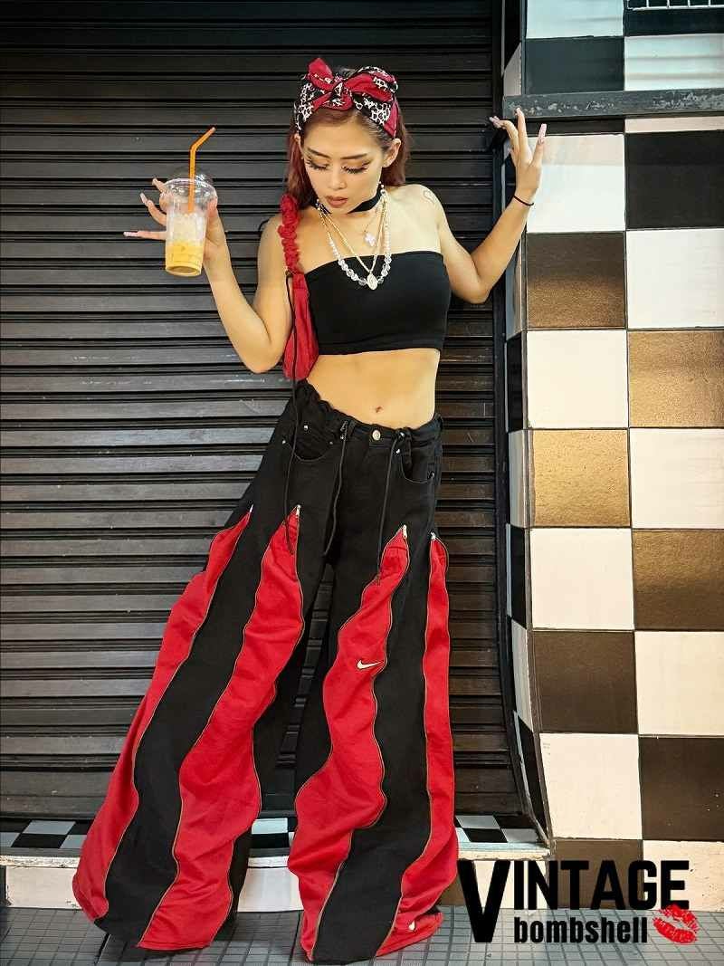 NIKEドッキング×4ジッパー再構築黒×赤トラックパンツ【Bbヴィンテージ】