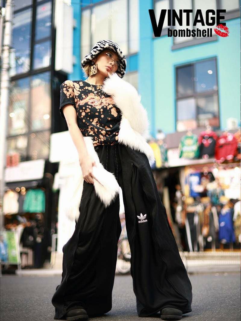 adidasブラックドッキング×4ジッパー再構築漆黒ワイドバギーパンツ【Bbヴィンテージ】