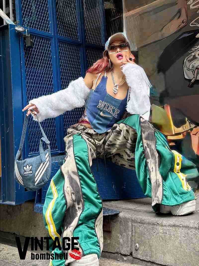 adidasグリーンドッキング×グレータイダイ4ジッパー再構築ワイドバギーパンツ【Bbヴィンテージ】