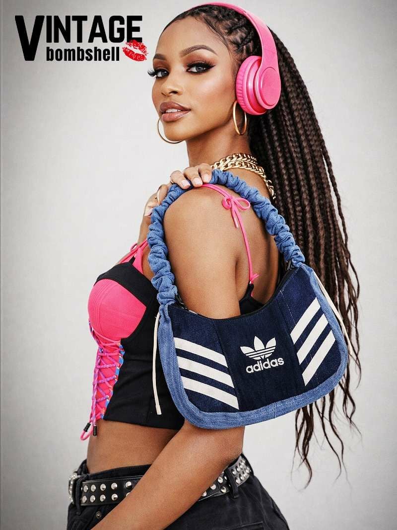 adidas3本ライン×再構築デニム2WAYギャザーリメイクバッグ【Bbヴィンテージ】