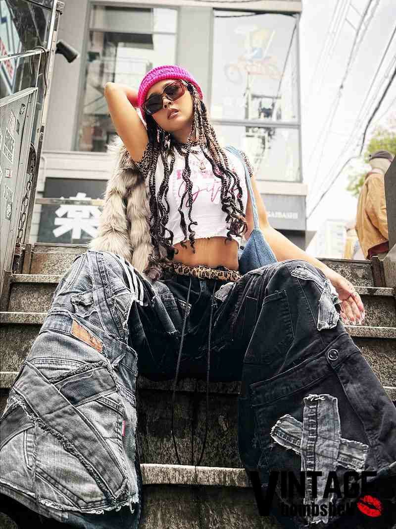 adidasライン×クロスボーン風パッチワーク再構築ワイドデニムパンツ【Bbヴィンテージ】