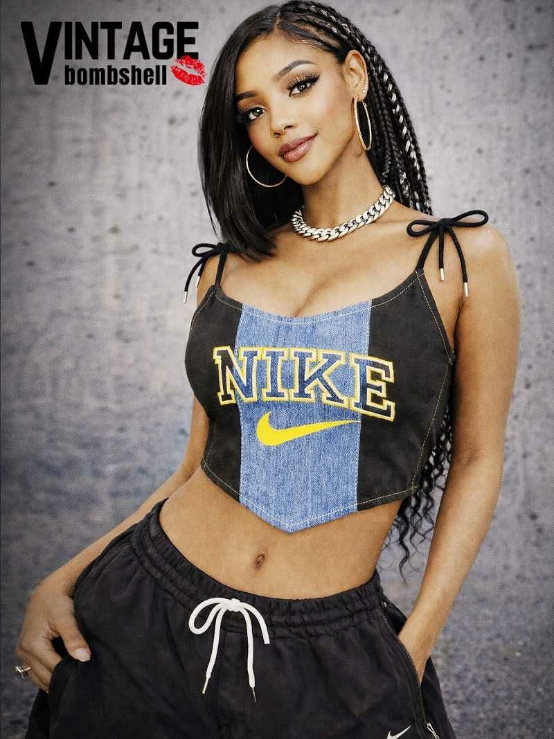 NIKEイエローロゴ×センターブルー切替リメイクデニムビスチェ【Bbヴィンテージ】