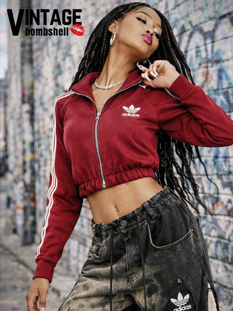 ボルドーadidasホワイトライン×クロップド丈リメイクジャージトップス【Bbヴィンテージ】