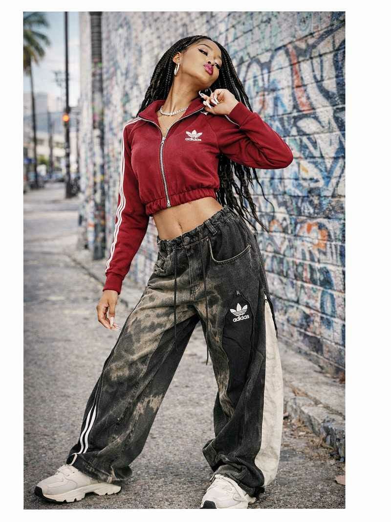 ボルドーadidasホワイトライン×クロップド丈リメイクジャージトップス