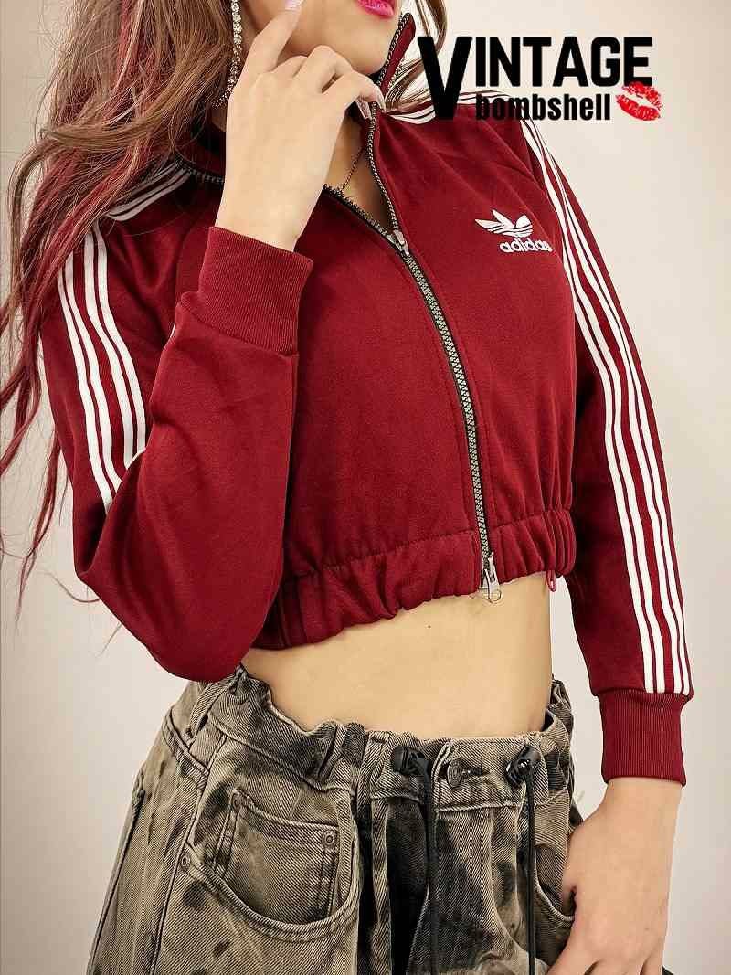ボルドーadidasホワイトライン×クロップド丈リメイクジャージトップス