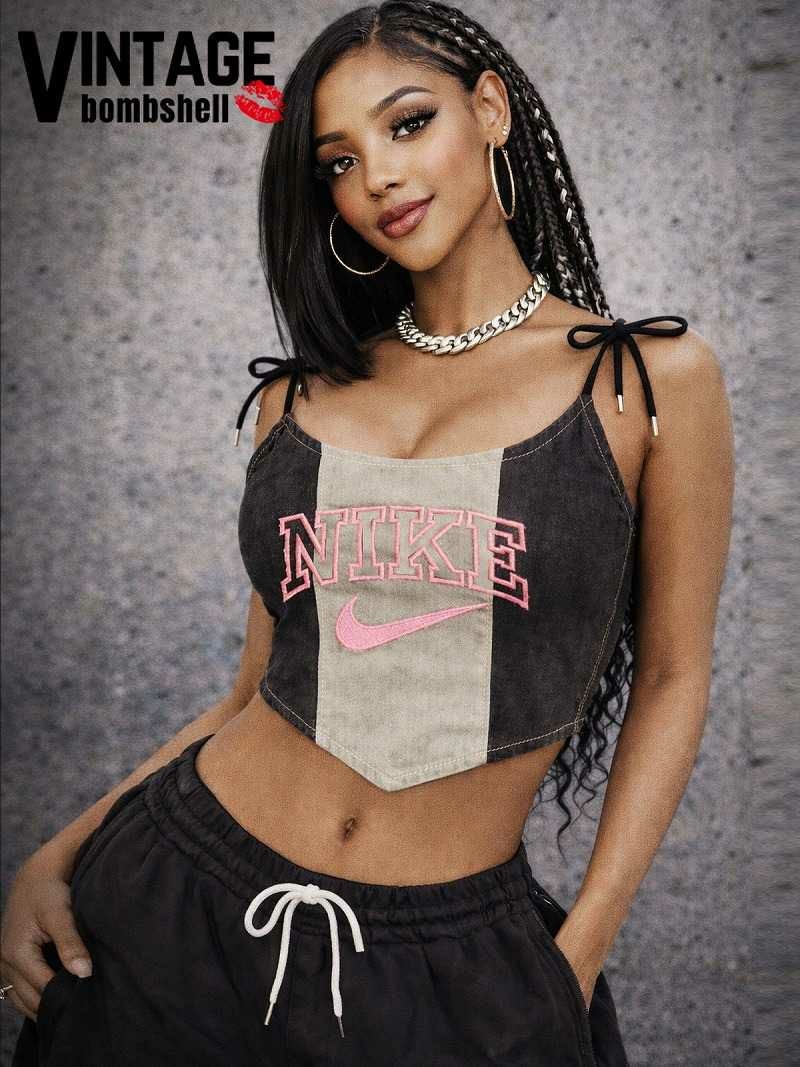 NIKEピンクロゴ・ブラックデニム切替再構築ビスチェ【Bbヴィンテージ】