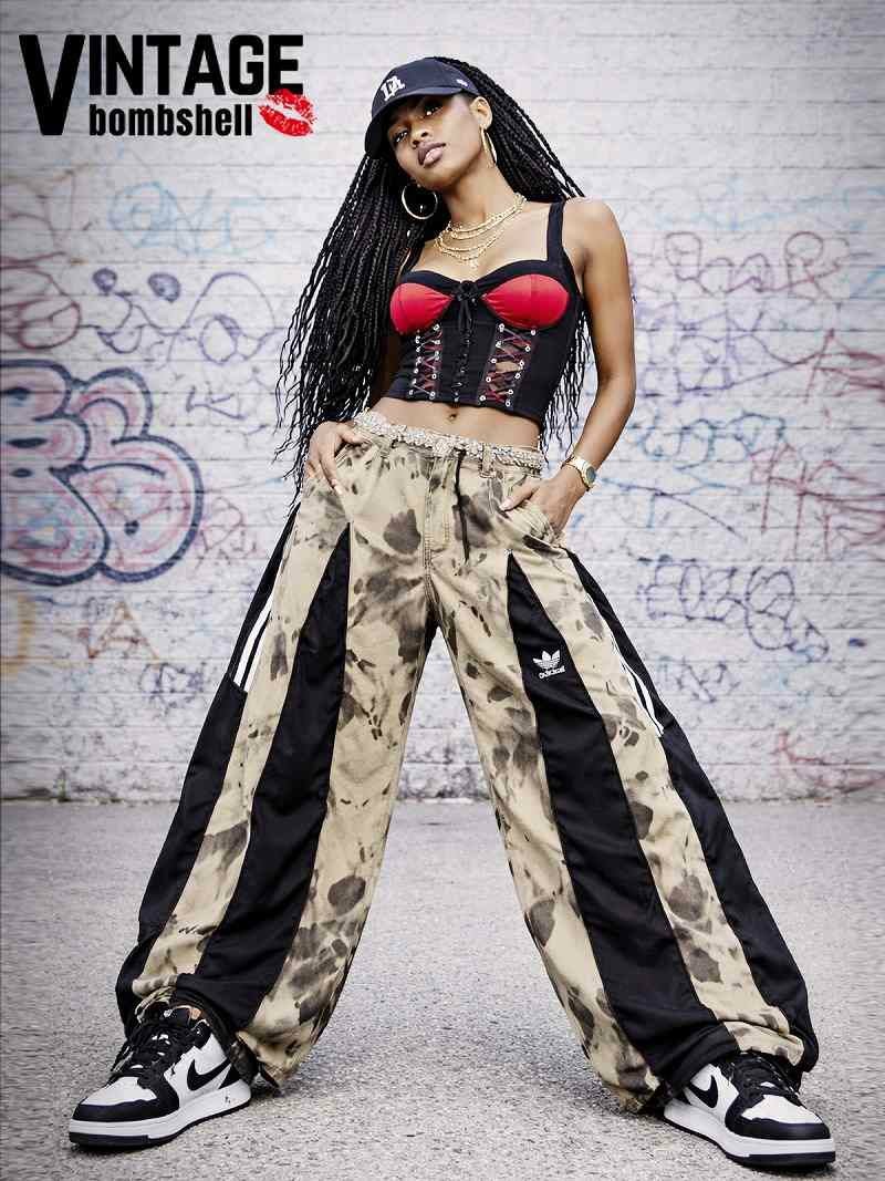 モノトーンムラ染めデニム×adidasブラック4ジッパー再構築バギーパンツ【Bbヴィンテージ】