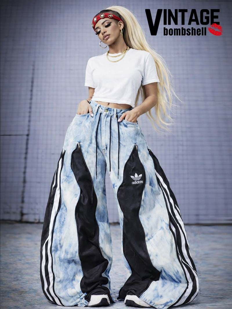 ライトブルータイダイデニム×adidasブラック4ジッパー再構築ワイドバギーパンツ【Bbヴィンテージ】