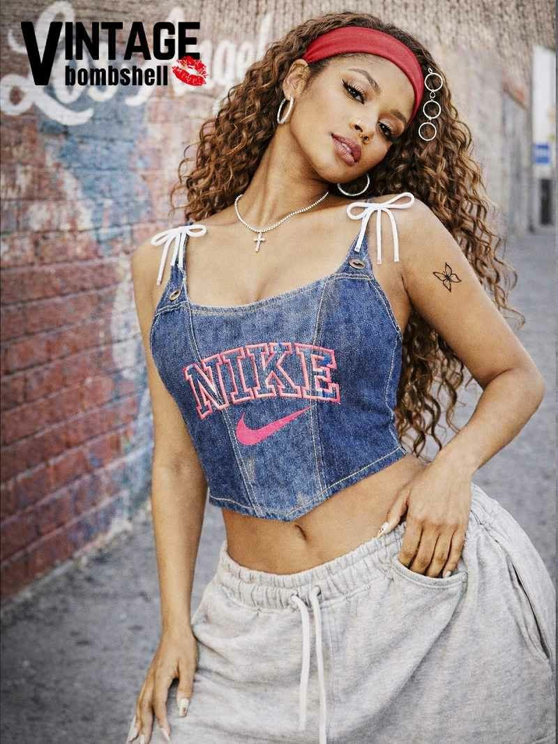NIKEロゴリメイクデニムビスチェ×肩紐リボン調節可能キャミトップス【Bbヴィンテージ】