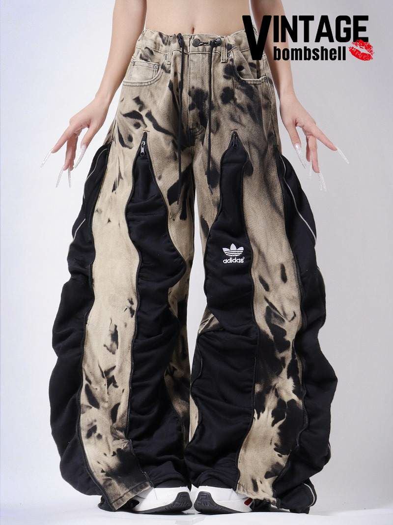 ブラックケミカルデニム×adidasドッキング4ジッパー再構築バギーパンツ【Bbヴィンテージ】