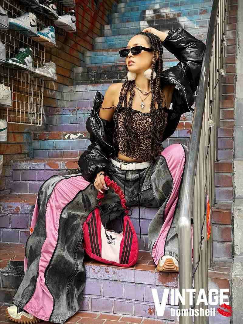 ヴィンテージグレー×ピンクadidasドッキング4ジッパー再構築ワイドパンツ【Bbヴィンテージ】