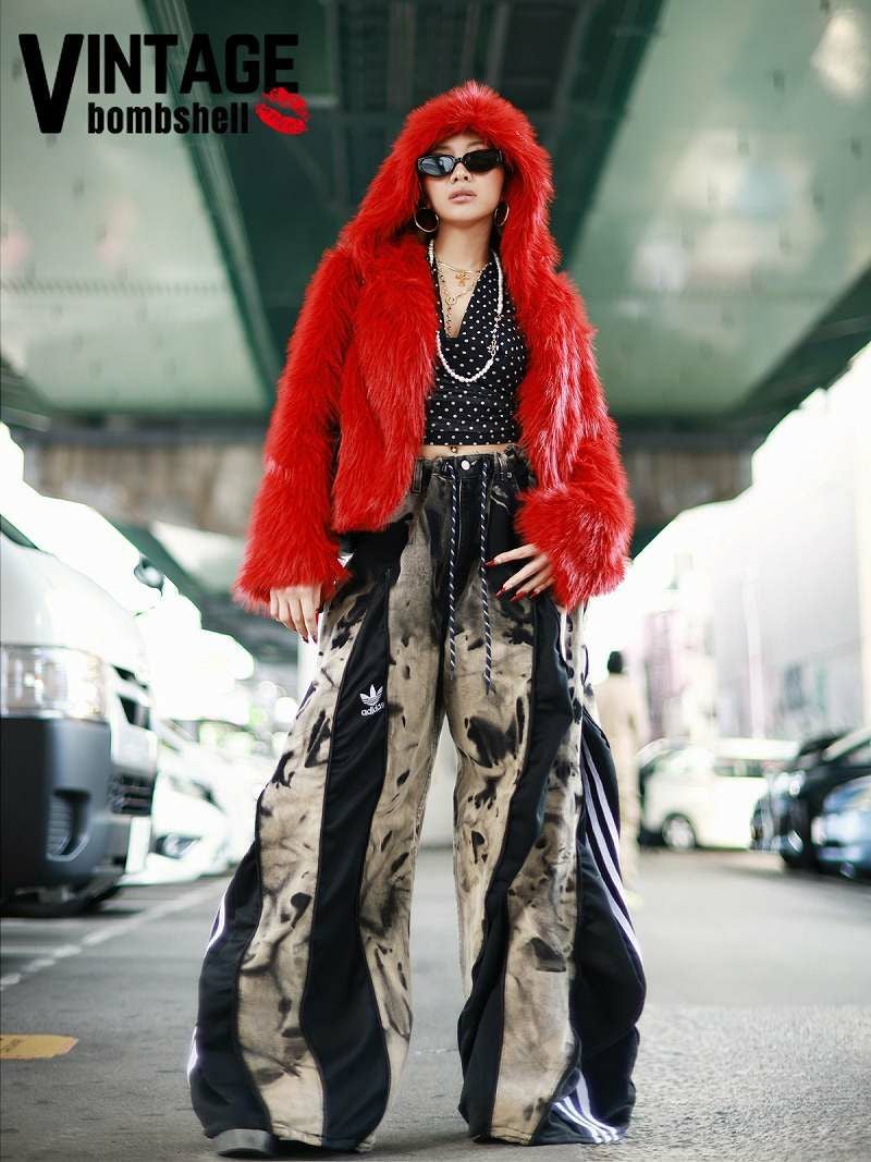 ブラックadidasドッキング×ベージュケミカル4ジッパー再構築ワイドバギー【Bbヴィンテージ】