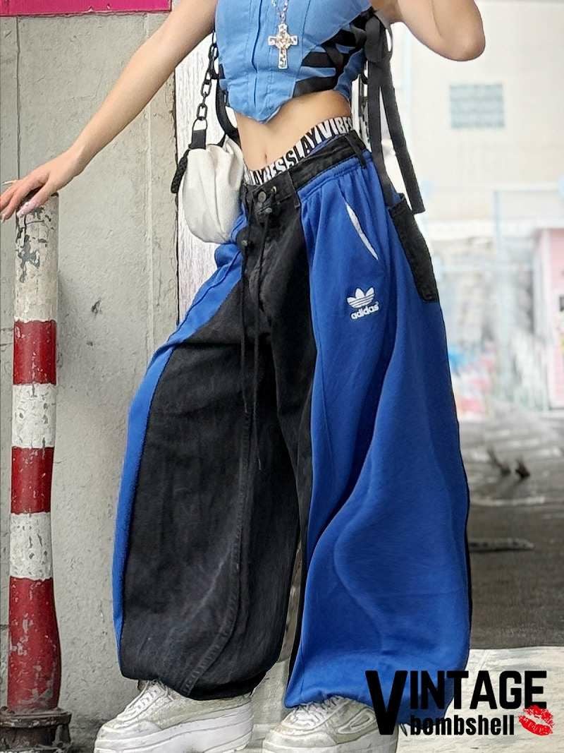 裾ドローコード付adidas切り替えトラックワイドバギーパンツ【Bbヴィンテージ】