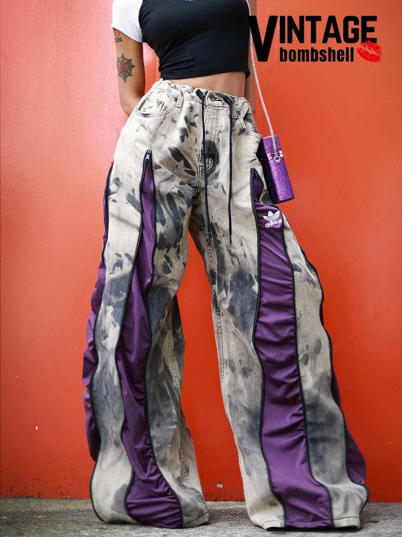 ディープパープルadidas×ベージュケミカル4ジッパー再構築ワイドバギー【Bbヴィンテージ】