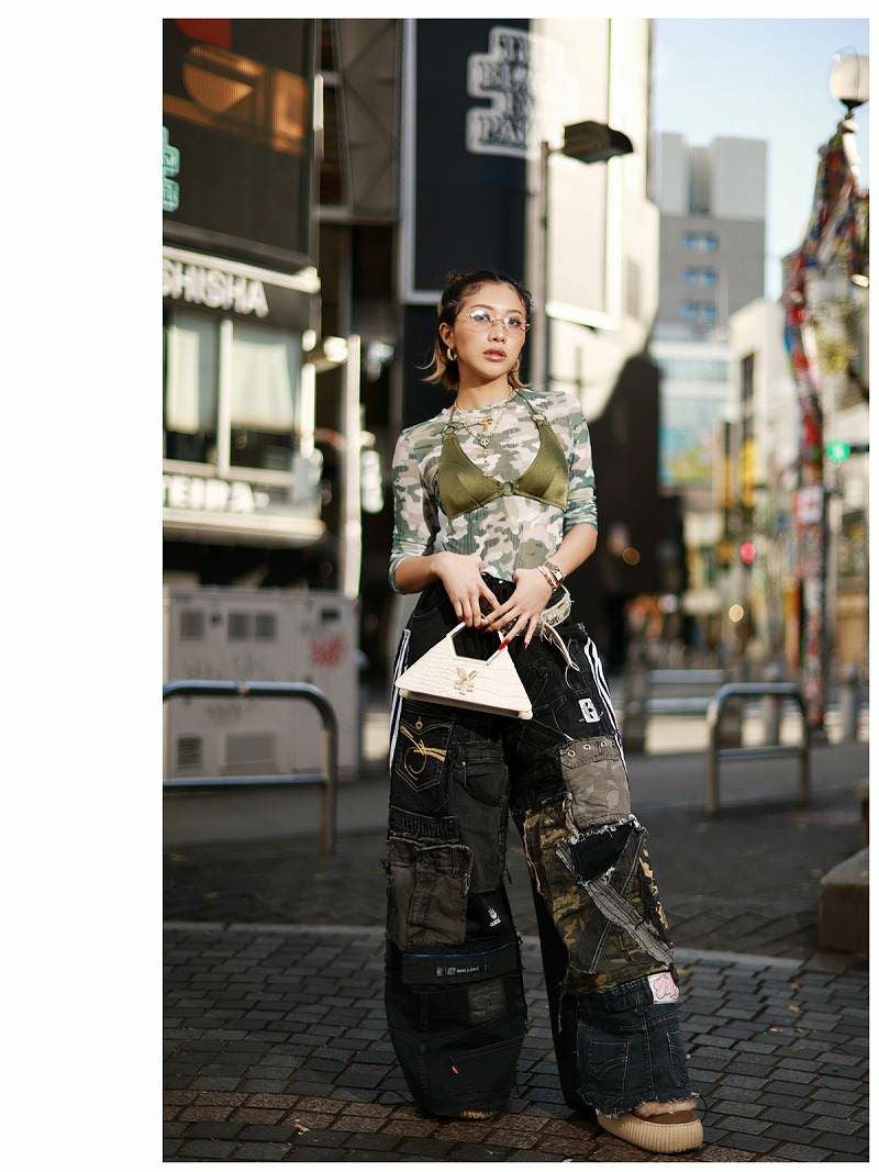パッチワークシリーズ・adidasドッキング裾絞り再構築ワイドバギー
