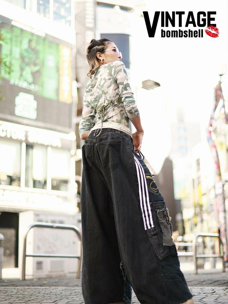 パッチワークシリーズ・adidasドッキング裾絞り再構築ワイドバギー