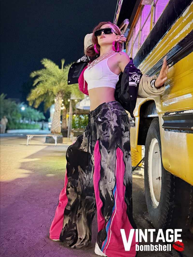 マゼンタピンクadidas×ケミカルデニム再構築ジップバギーパンツ【Bbヴィンテージ】