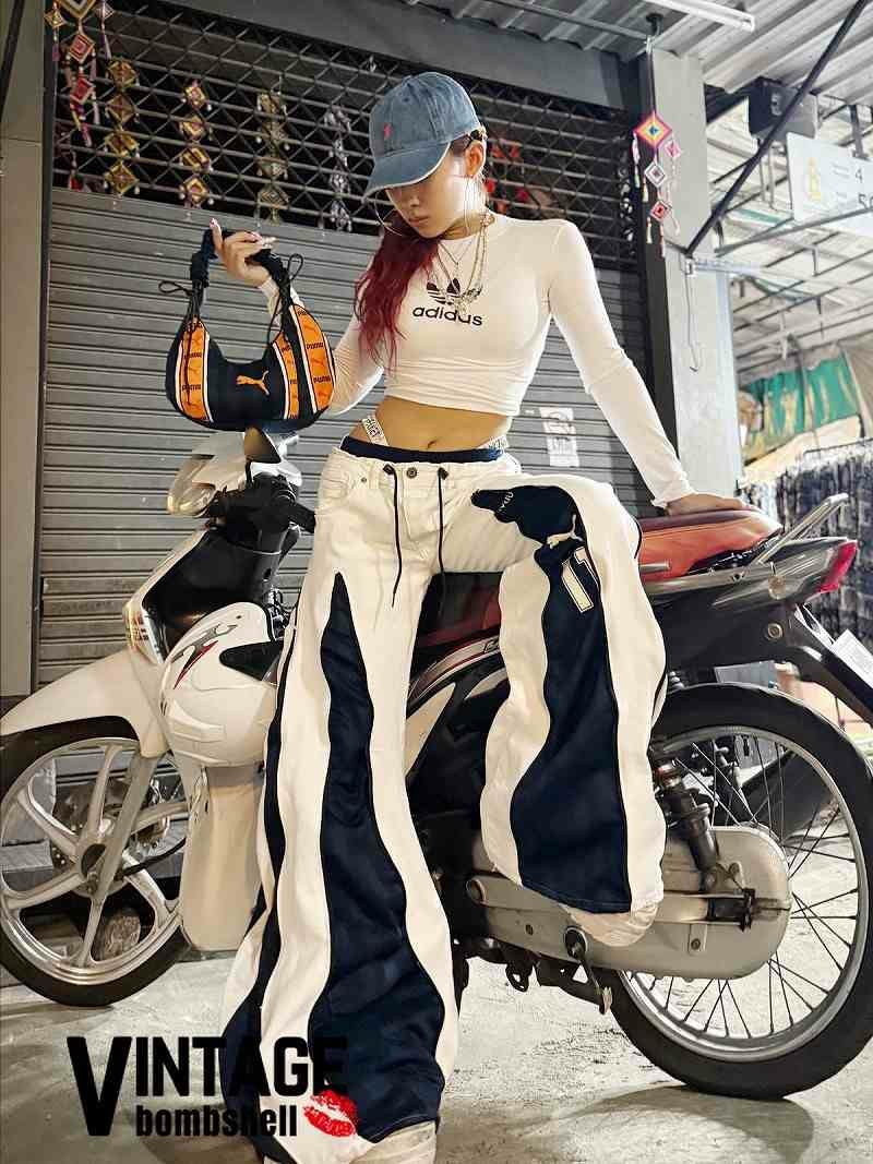 PUMAネイビーライン×ホワイトデニム4ジッパー再構築ワイドバギーパンツ【Bbヴィンテージ】