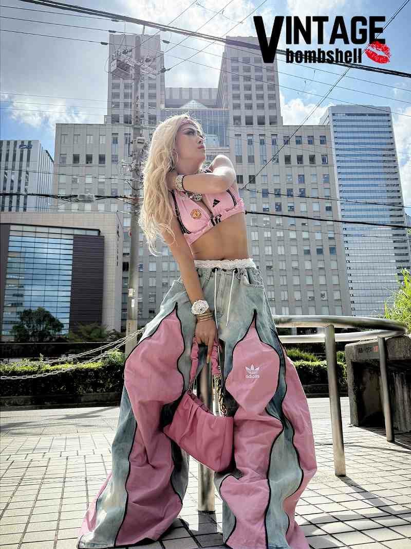 サマーブルー×ダスティピンクadidasドッキング4ジッパー再構築バギーパンツ【Bbヴィンテージ】