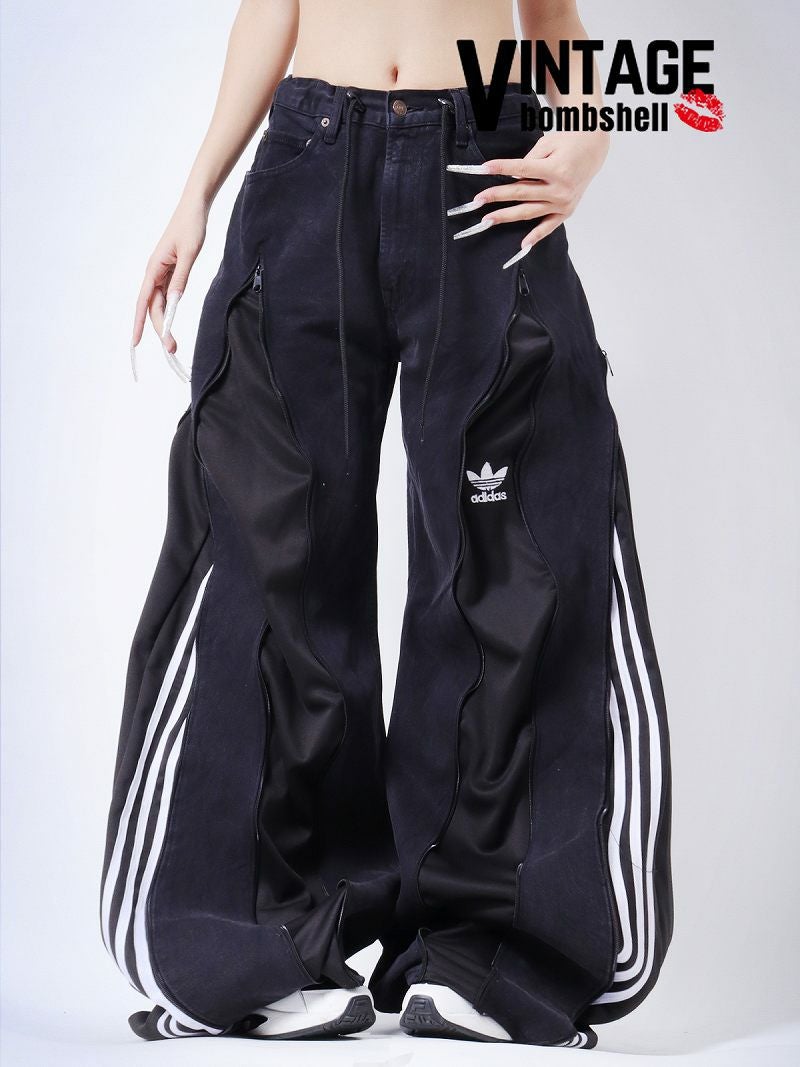人気の黒×黒3本ライン！adidasドッキング再構築4ジッパーワイドパンツ