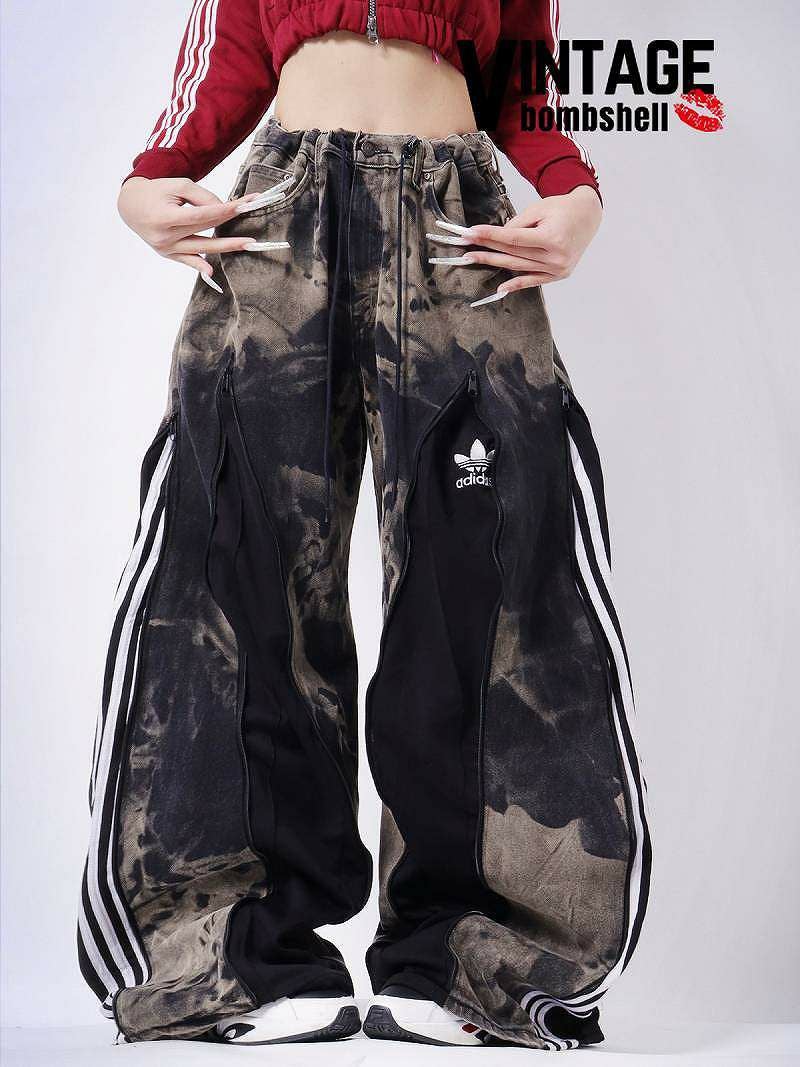 タイダイデニム×adidasブラックジャージ再構築4ジップワイドパンツ【Bbヴィンテージ】
