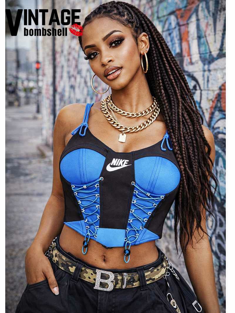 ブルー×ブラックNIKEジャージ再構築リメイクビスチェコルセット【Bb