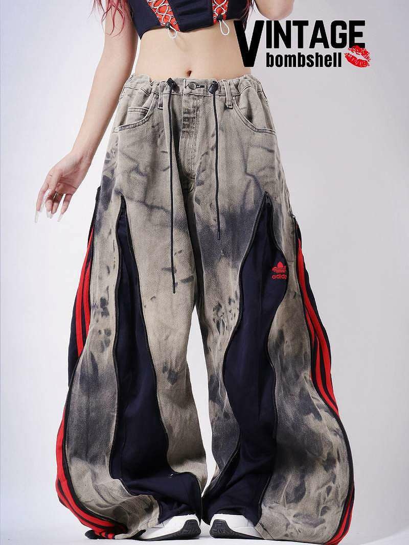 タイダイデニム×adidasネイビー＆レッド3本ライン再構築4ジップバギーパンツ【Bbヴィンテージ】