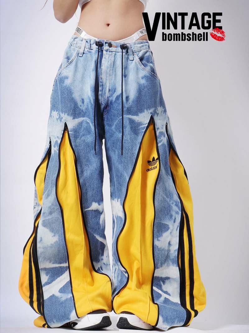 タイダイブルーデニム×adidasイエロー4ジッパー再構築ワイドバギー