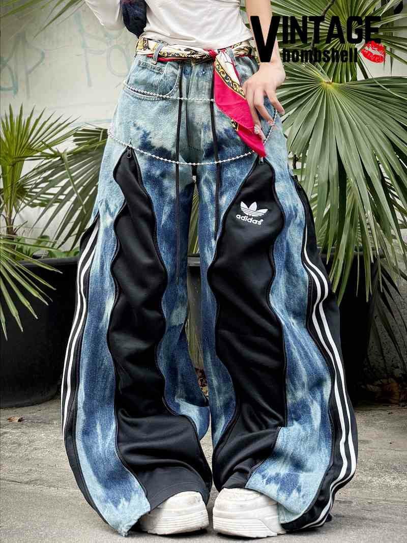 ブルータイダイ×ブラックadidasドッキング4ジッパー再構築ワイドパンツ【Bbヴィンテージ】