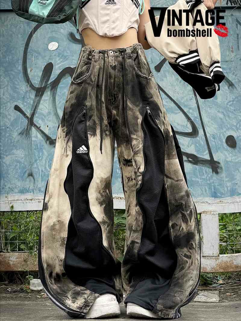 タイダイ×ブラックadidasサイドロゴドッキング4ジッパー再構築ワイドパンツ【Bbヴィンテージ】