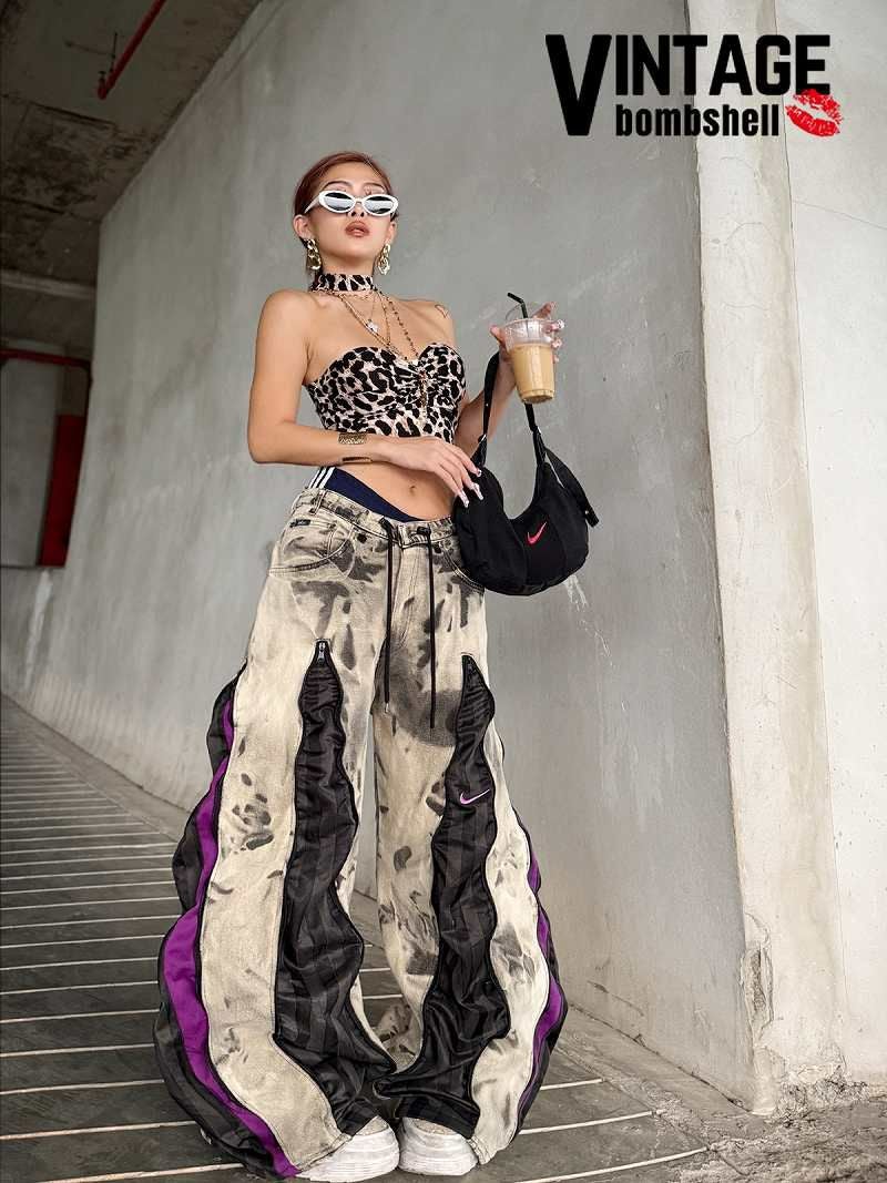 アイボリータイダイ×ブラックパープルNIKE再構築4ジッパーワイドパンツ【Bbヴィンテージ】