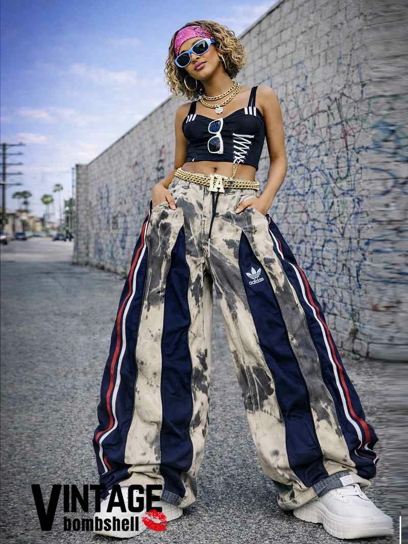 タイダイ×adidasネイビー切替4ジッパー再構築バギーパンツ【Bbヴィンテージ】