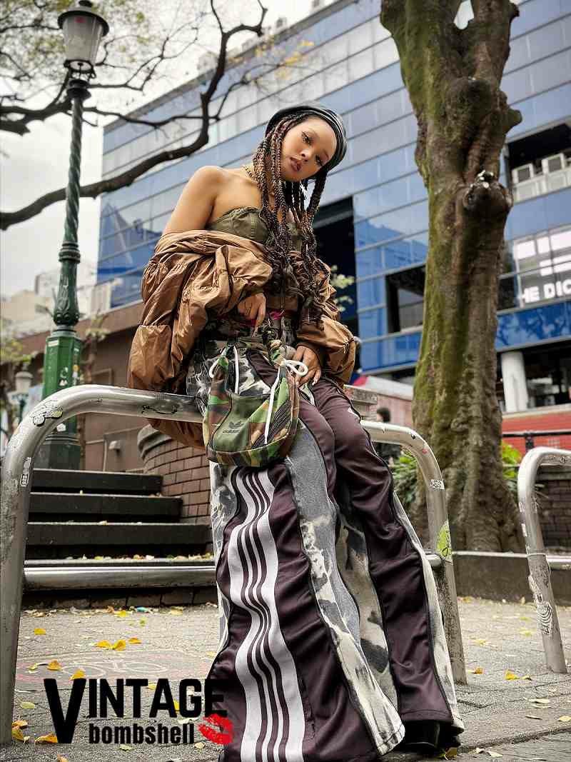 タイダイ染め×レアカラーadidasブラウンドッキング再構築4ジッパーワイドパンツ【Bbヴィンテージ】