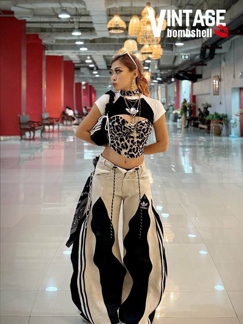 ホワイトデニム×ブラックadidasドッキング4ジッパー再構築ワイドパンツ【Bbヴィンテージ】