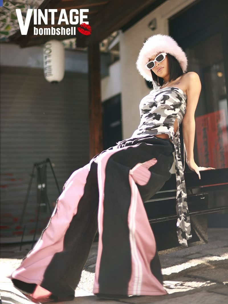 ブラック×ピンクadidasドッキング4ジッパー再構築ワイドパンツ【Bbヴィンテージ】