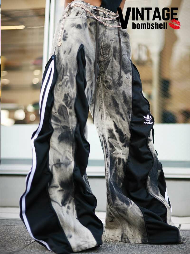 タイダイ染め×ブラックホワイトadidas再構築4ジッパーワイドパンツ【Bbヴィンテージ】
