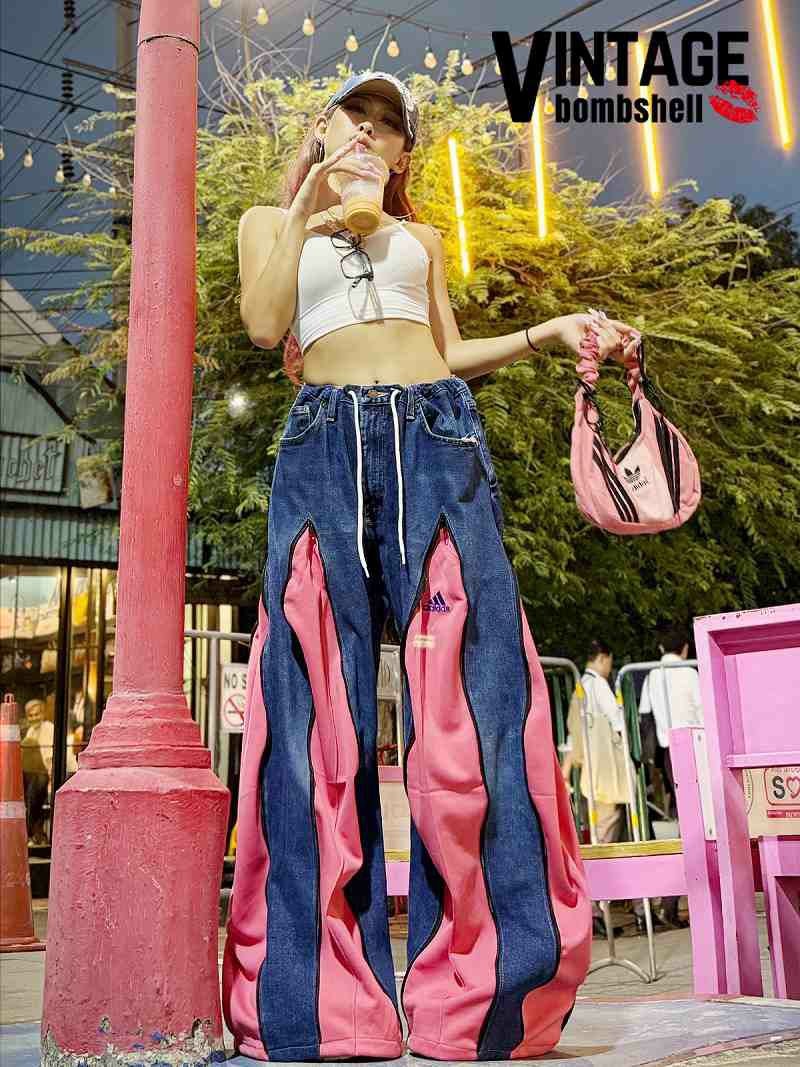 ブルーデニム×サーモンピンクadidasドッキング4ジッパー再構築ワイド