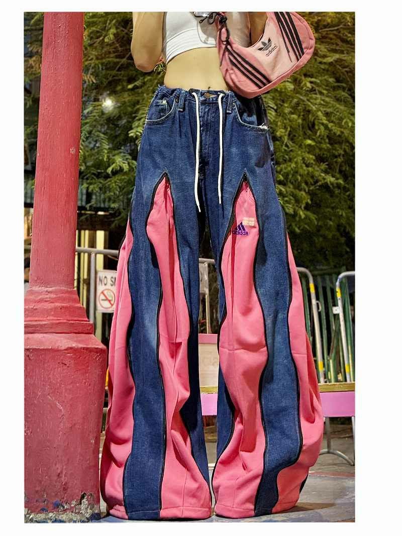ブルーデニム×サーモンピンクadidasドッキング4ジッパー再構築ワイド