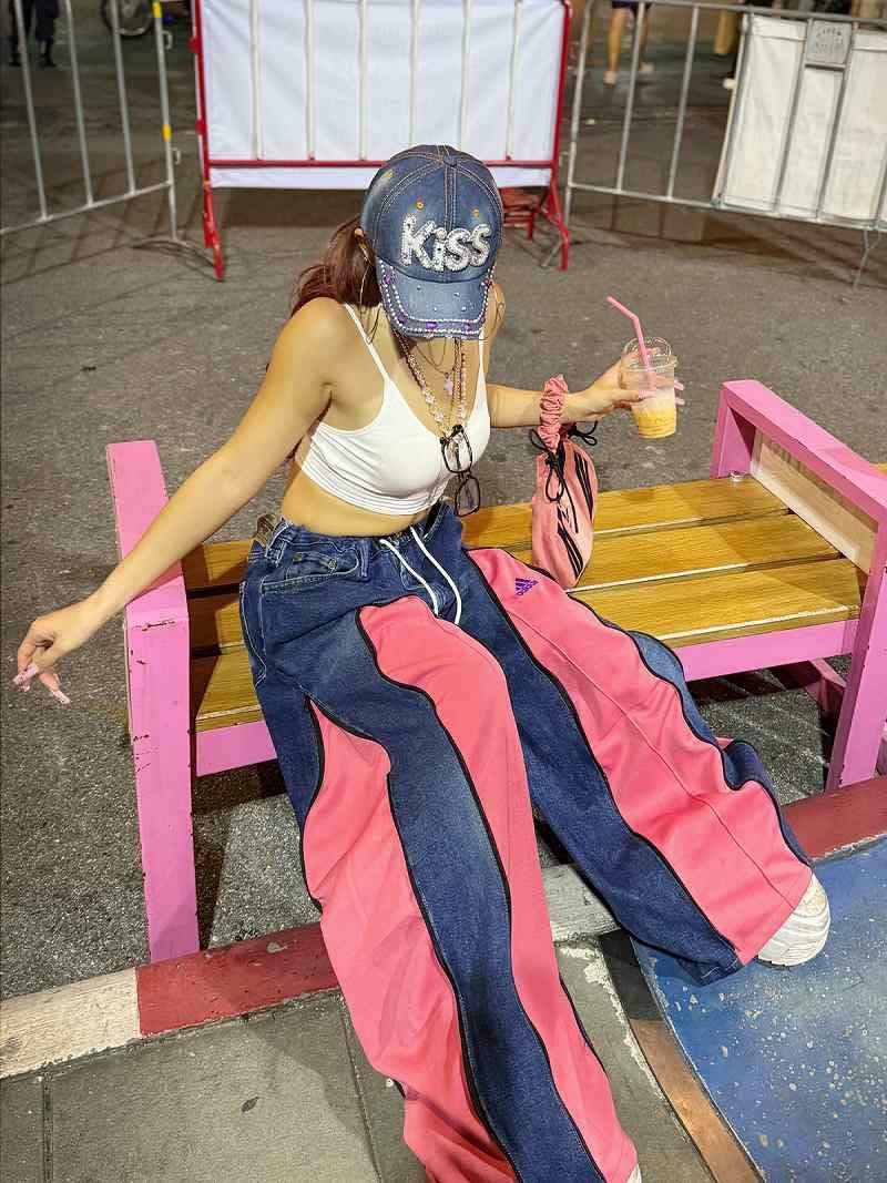 ブルーデニム×サーモンピンクadidasドッキング4ジッパー再構築ワイド