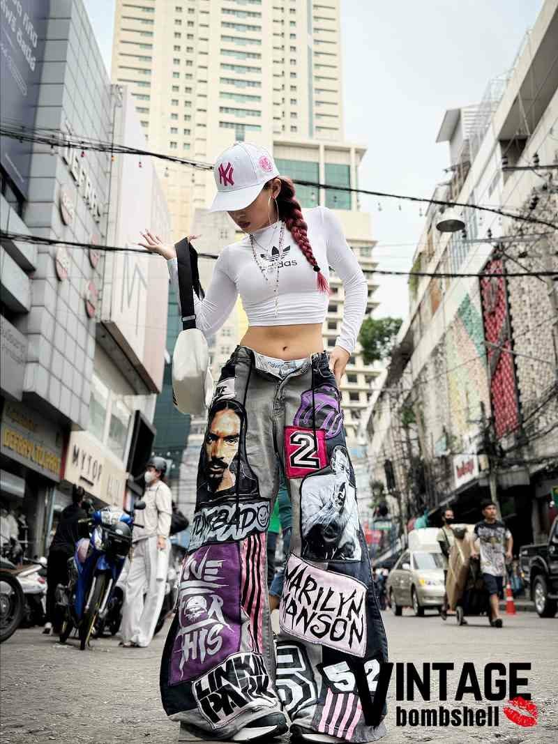 NIKE×レジェンドパッチ再構築ピンクラインワイドデニム【Bbヴィンテージ】