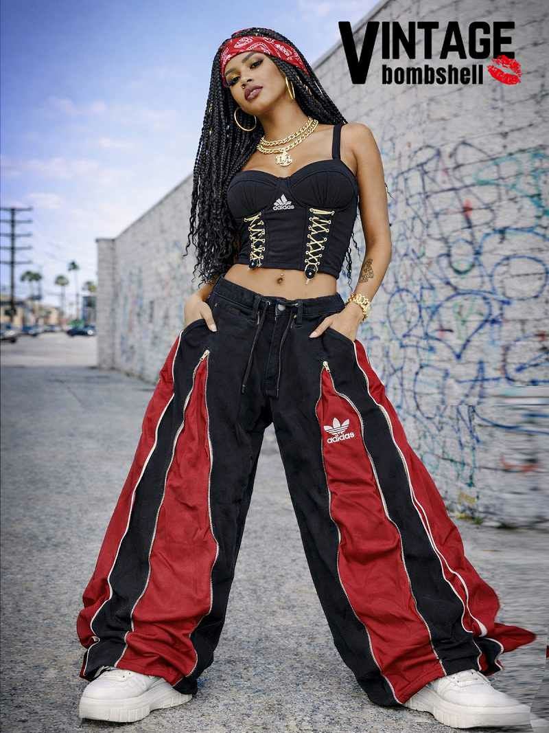 ワインレッドadidasドッキング4ジッパー再構築ワイドデニム【Bbヴィンテージ】