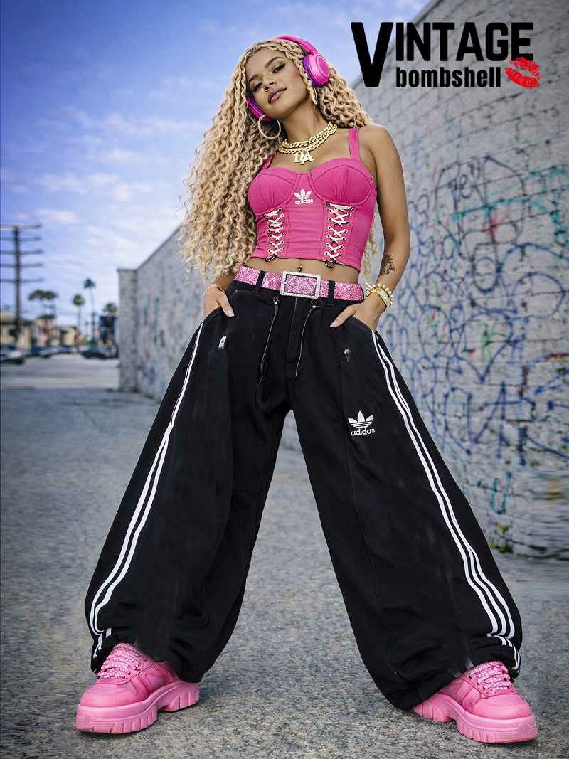 ブラックデニム×adidas3本ライン再構築ワイドパンツ【Bbヴィンテージ】